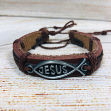 Load image into Gallery viewer, Unisex Urban Jesus Fish Symbol Leather Bracelet Silver