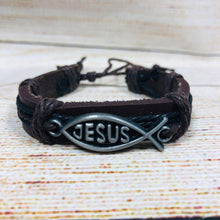 Load image into Gallery viewer, Unisex Urban Jesus Fish Symbol Leather Bracelet Silver