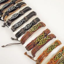 Load image into Gallery viewer, Unisex Urban Jesus Fish Symbol Leather Bracelet Silver