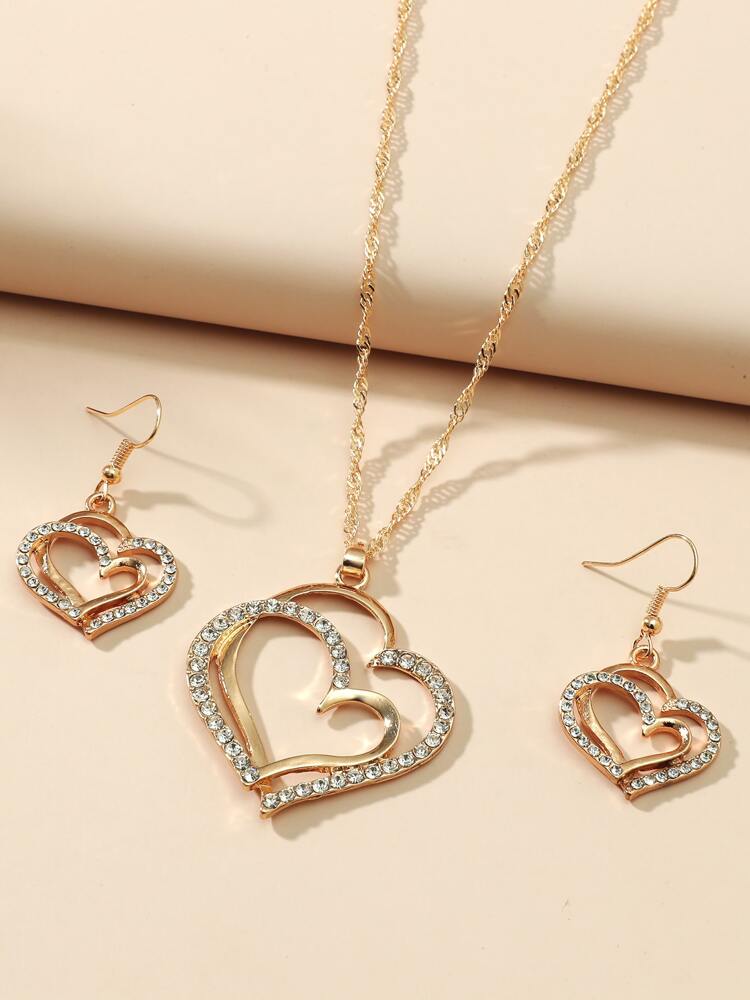 Rhinestone Double Heart Charm Necklace Set