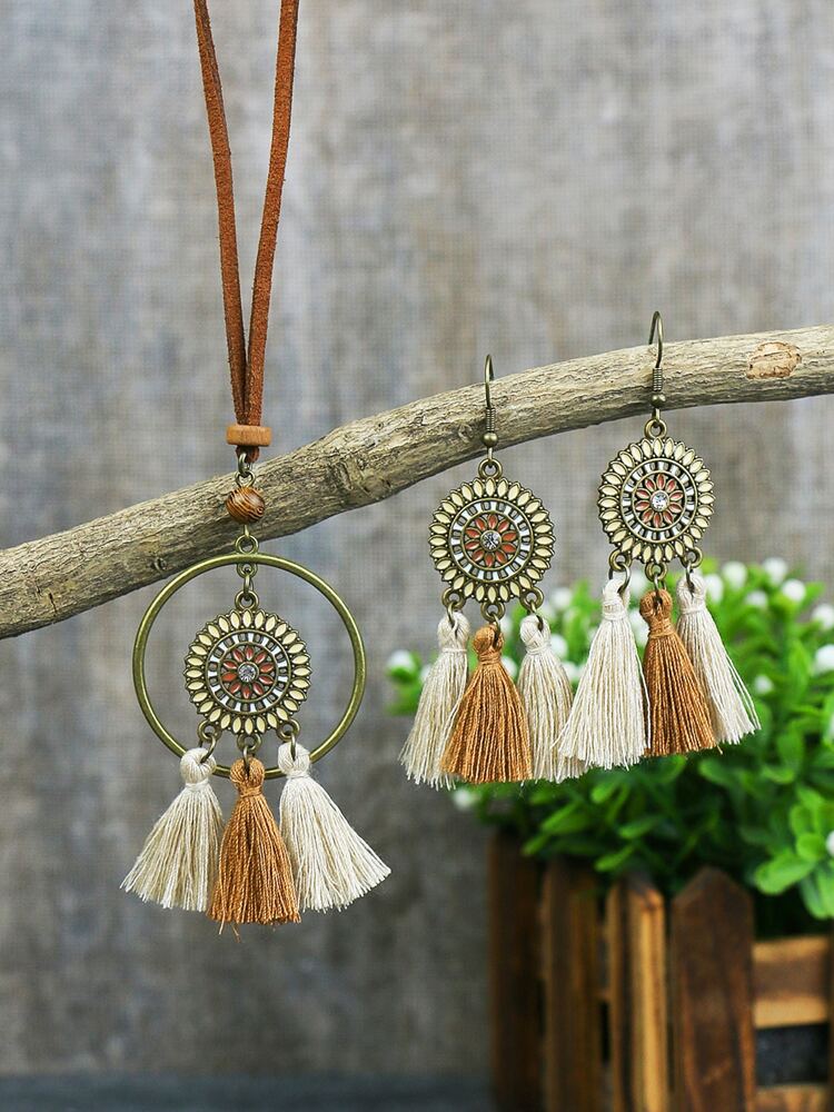 3pcs Tassel Pendant Jewelry Set Beige Brass