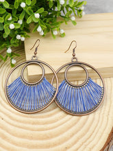 Load image into Gallery viewer, Boho Copper Hoop earrings with Blue Strings
