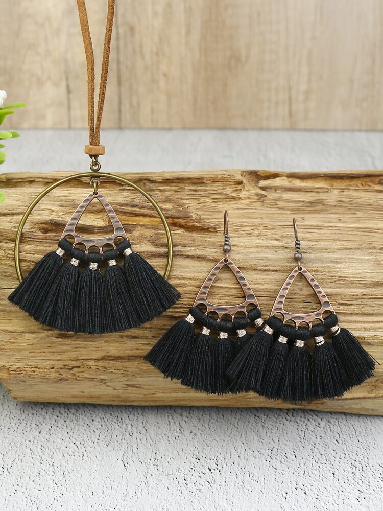 3pcs Tassel Pendant Jewelry Set  Black Copper