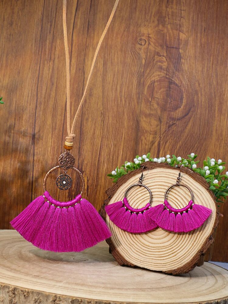 3pcs Tassel Pendant Jewelry Set Magenta Copper