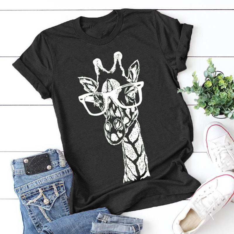 Fashion Round Neck Giraffe Printed Short Sleeve Women T-Shirt