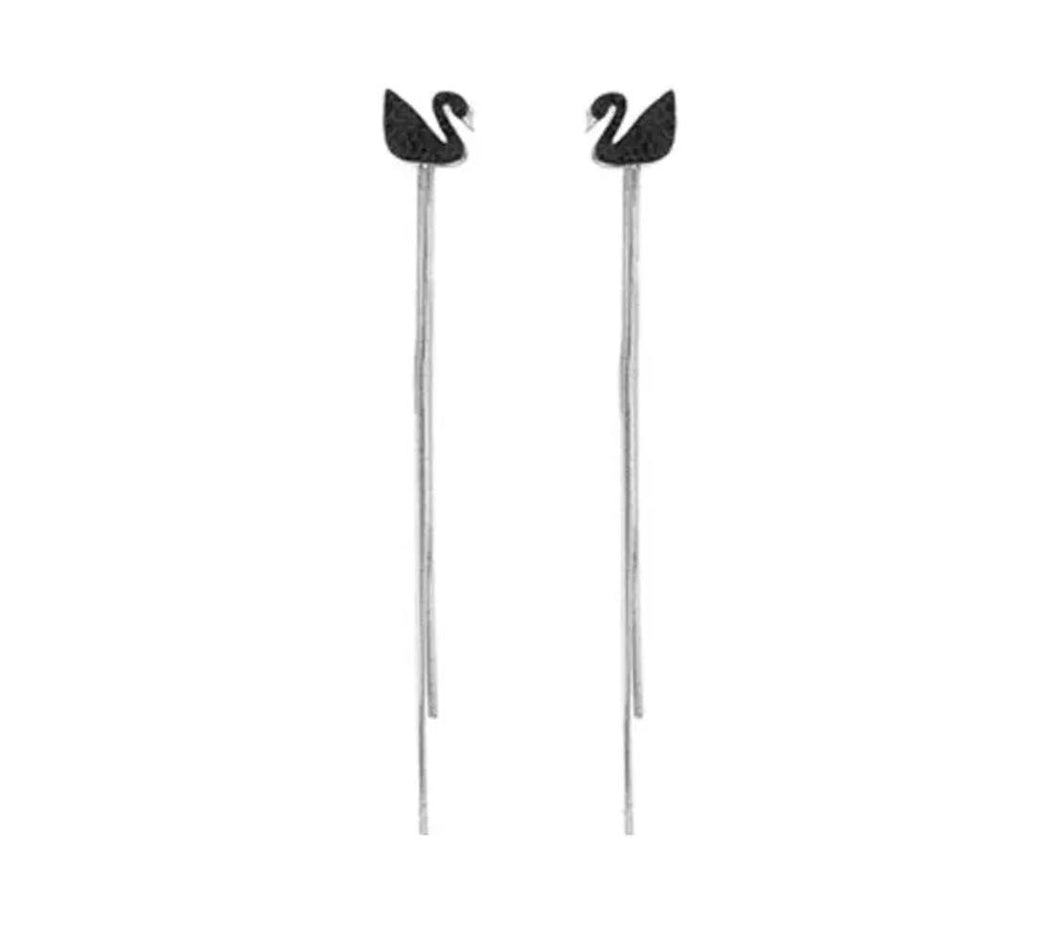Swan Tassel Stud Earrings with Rhinestones Black