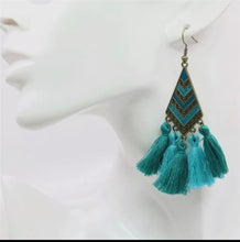 Load image into Gallery viewer, Bohemian Tassel Earring  Brass Teal Green Tassel
