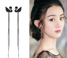Load image into Gallery viewer, Swan Tassel Stud Earrings with Rhinestones Black
