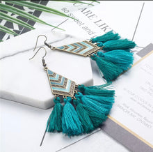 Load image into Gallery viewer, Bohemian Tassel Earring  Brass Teal Green Tassel
