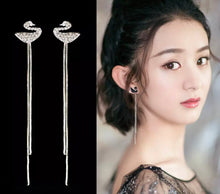 Load image into Gallery viewer, Swan Tassel Stud Earrings with Rhinestones White

