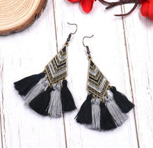 Load image into Gallery viewer, Bohemian Tassel Earring  Brass Black, Gray Tassel
