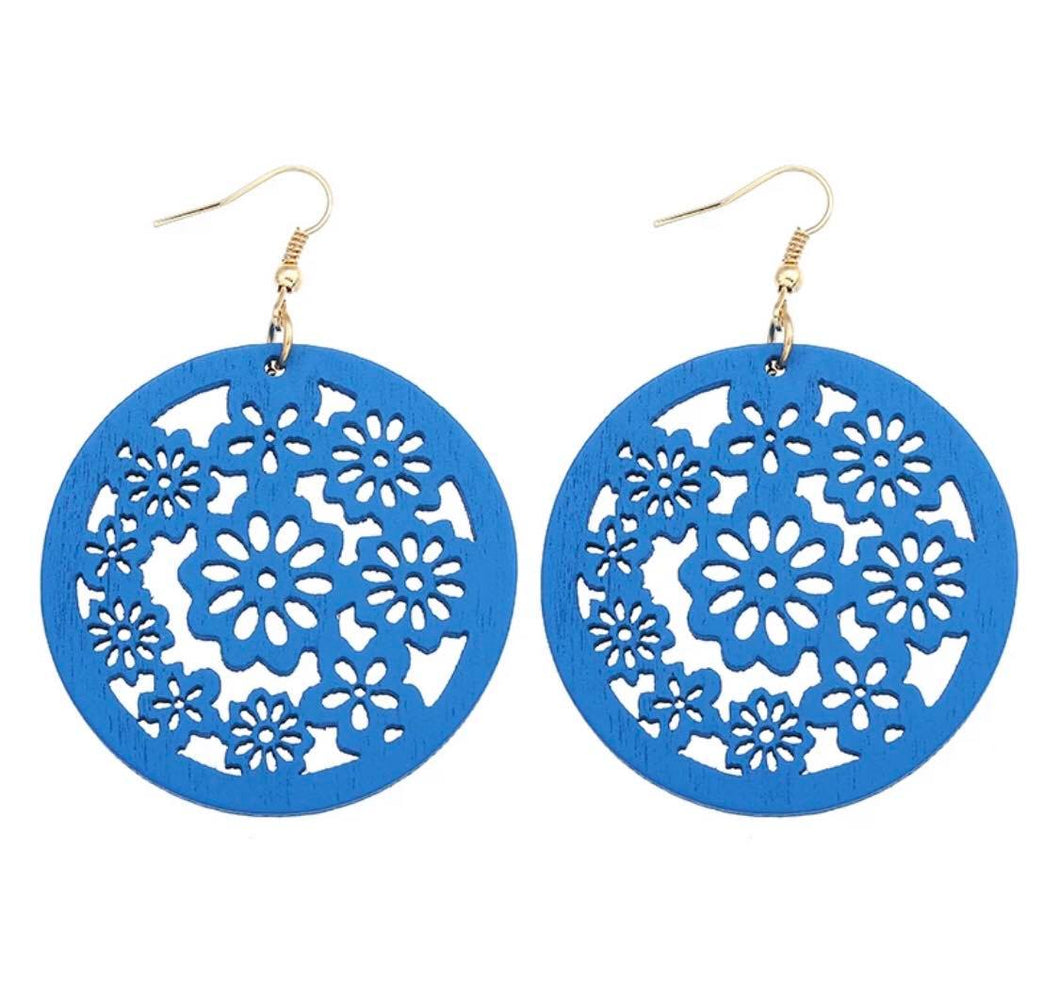 Mandala Filigree Flower Wooden Circle Earrings Blue