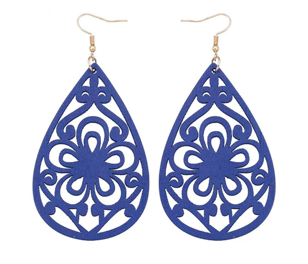 Natural Handmade Tear Drop Filigree Wood Flower Earring Blue