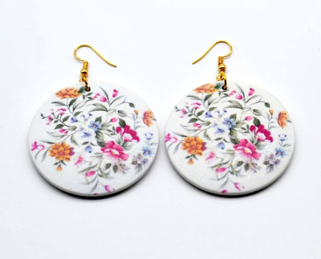 Bohemian Wooden Print Flower Circle Earrings