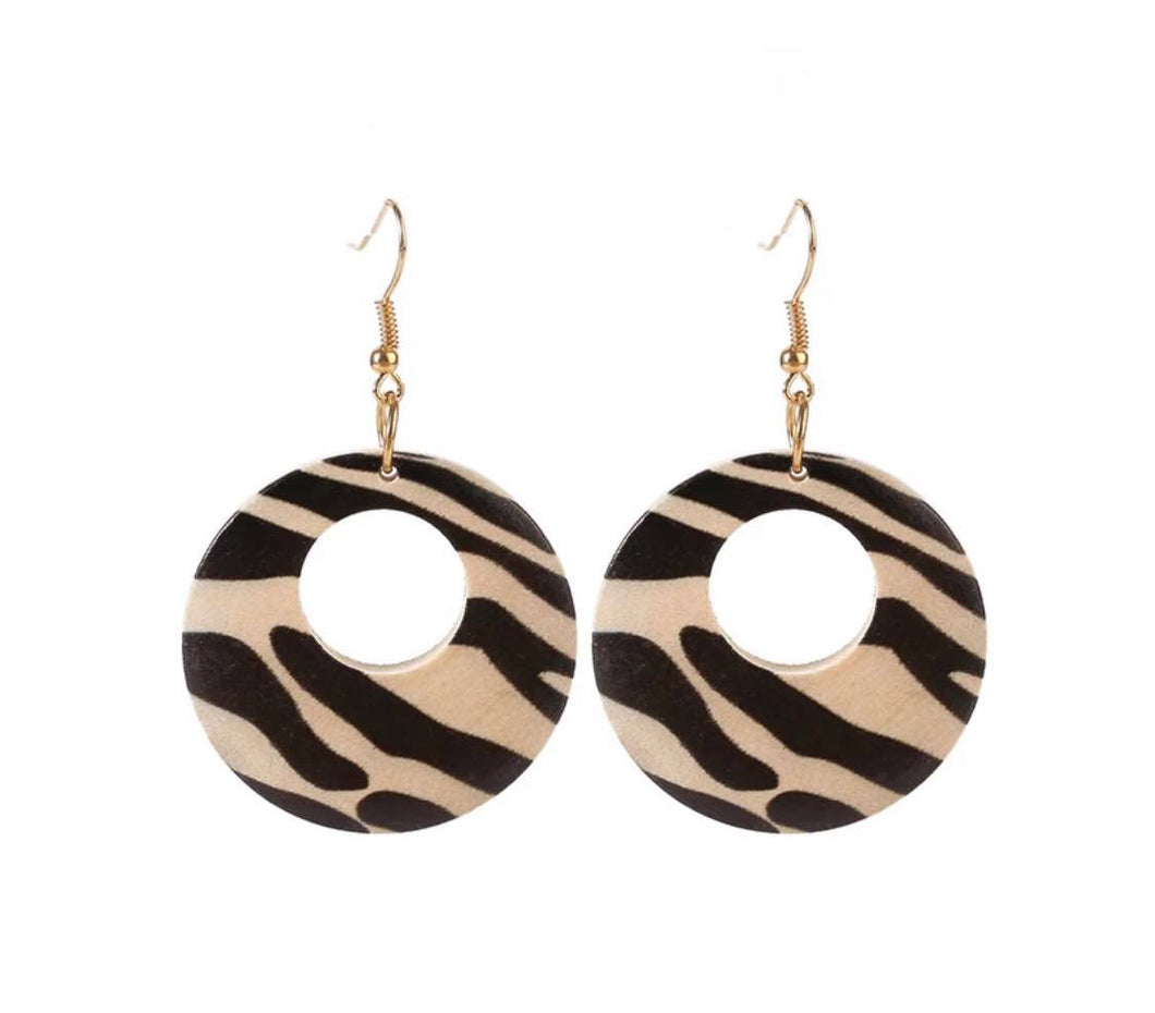 Wooden Hollow Earrings Round Painted Zebra Print