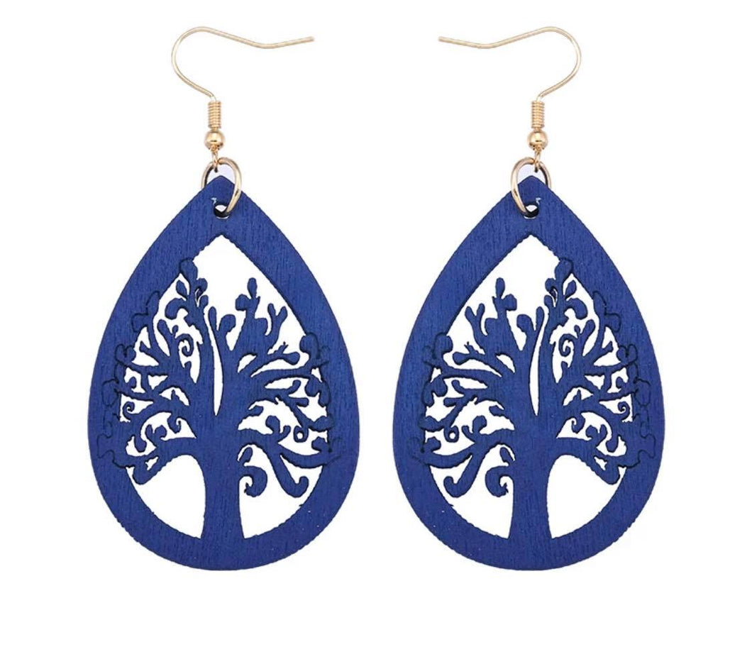 Natural Handmade Tear Drop Filigree Wood Tree of Life Earring Blue