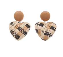 Load image into Gallery viewer, Heart Shaped Woven Rattan Earrings Retro Style Ear Drop Stud Earrings Beige Brown
