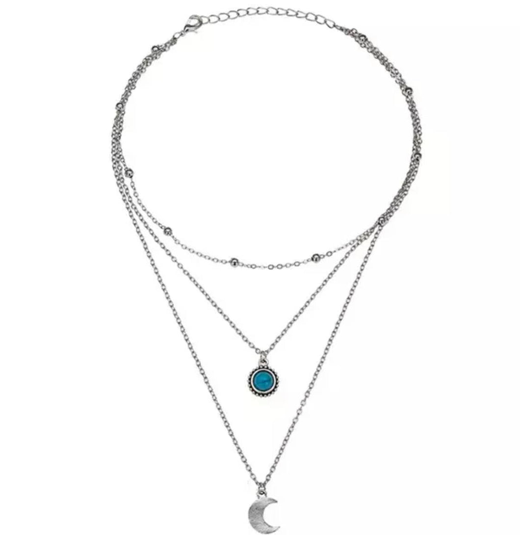 Boho Moon Pendant Layered Necklace Blue Stone