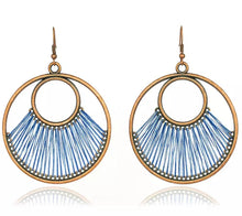 Load image into Gallery viewer, Boho Copper Hoop earrings with Blue Strings
