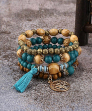 Load image into Gallery viewer, 4pcs Tree &amp; Tassel Charm Beaded Bracelet Teal, Brass
