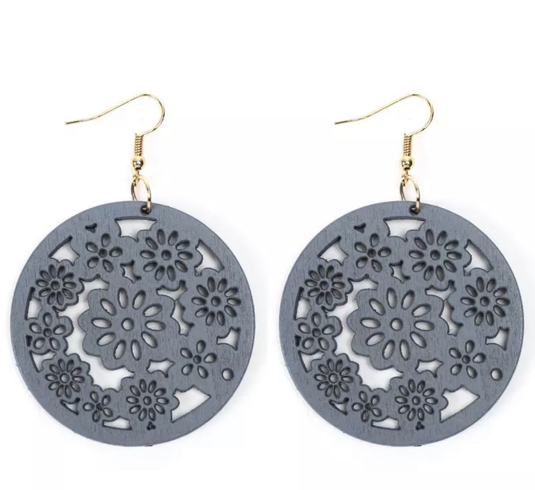 Mandala Filigree Flower Wooden Circle Earrings Gray