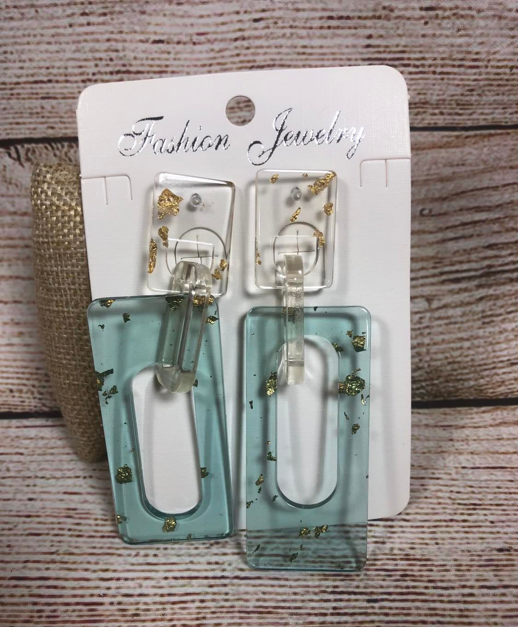 Big Square Dangle Acrylic Earrings Blue Gold