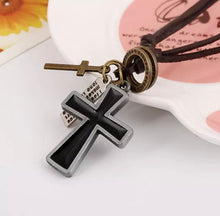 Load image into Gallery viewer, Genuine Leather Unisex Urban Cross Necklace Black
