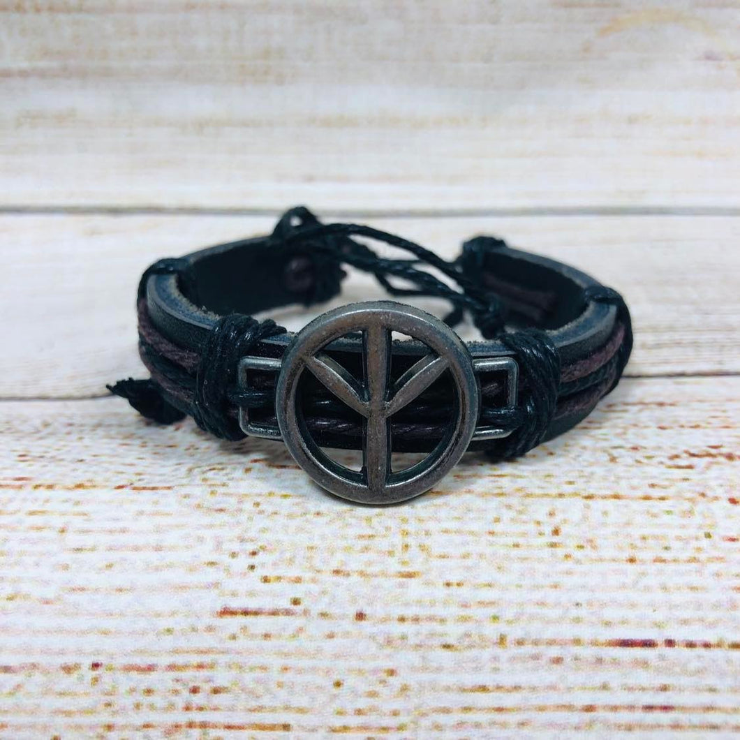 Unisex Urban Leather Bracelet Silver Peace Sign