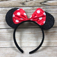 Load image into Gallery viewer, Black Sparkle Mouse Ear Headbands w/ Polka Dot Bow
