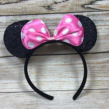 Load image into Gallery viewer, Black Sparkle Mouse Ear Headbands w/ Polka Dot Bow
