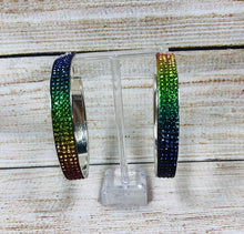 Load image into Gallery viewer, 2.75&quot; Gold &amp; Silver Frame Hoop Earring Rainbow Multi Color Crystals
