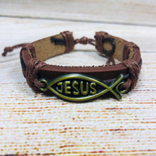 Load image into Gallery viewer, Unisex Urban Jesus Fish Symbol Leather Bracelet Brass
