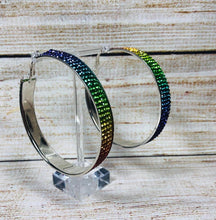 Load image into Gallery viewer, 2.75&quot; Gold &amp; Silver Frame Hoop Earring Rainbow Multi Color Crystals
