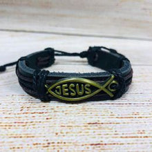 Load image into Gallery viewer, Unisex Urban Jesus Fish Symbol Leather Bracelet Brass
