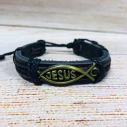 Unisex Urban Jesus Fish Symbol Leather Bracelet Brass