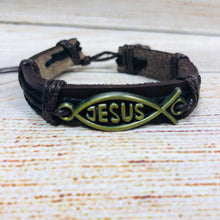 Load image into Gallery viewer, Unisex Urban Jesus Fish Symbol Leather Bracelet Brass
