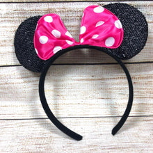 Load image into Gallery viewer, Black Sparkle Mouse Ear Headbands w/ Polka Dot Bow
