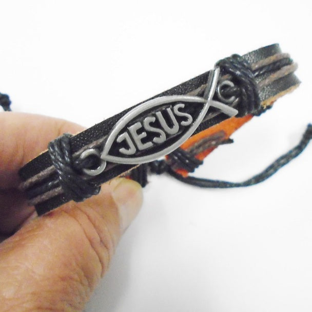 Unisex Urban Jesus Fish Symbol Leather Bracelet Silver