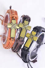 Load image into Gallery viewer, Genuine Leather Urban Bracelet Brass Cross
