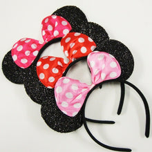 Load image into Gallery viewer, Black Sparkle Mouse Ear Headbands w/ Polka Dot Bow
