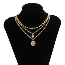 Load image into Gallery viewer, 3- Layered Women&#39;s Necklace Choker Rhine stones and Pink Heart
