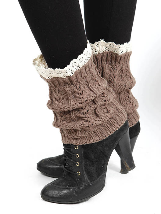 Leg Warmer Knitted With Lace Brown