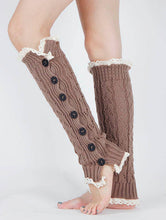 Load image into Gallery viewer, Long Button Leg Warmer Knitted With Lace Brown
