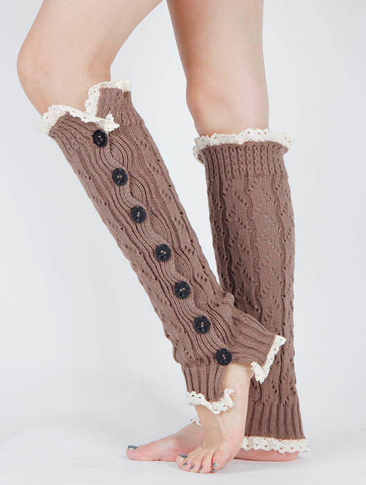 Long Button Leg Warmer Knitted With Lace Brown