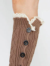 Load image into Gallery viewer, Long Button Leg Warmer Knitted With Lace Brown
