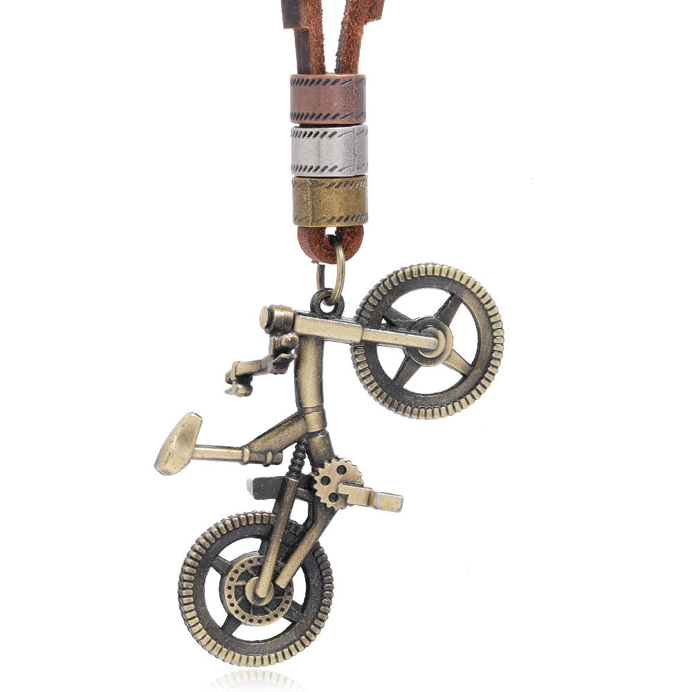 Genuine Leather Unisex Urban Necklace Bike Bicycle Pendant Brass