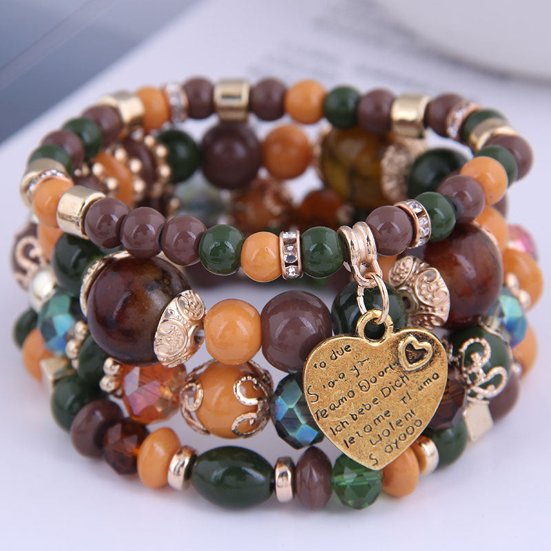 Bohemian Metal Teal, Orange Multilayer Bracelet Heart Pendant