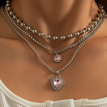 Load image into Gallery viewer, 3- Layered Women&#39;s Necklace Choker Rhine stones and Pink Heart
