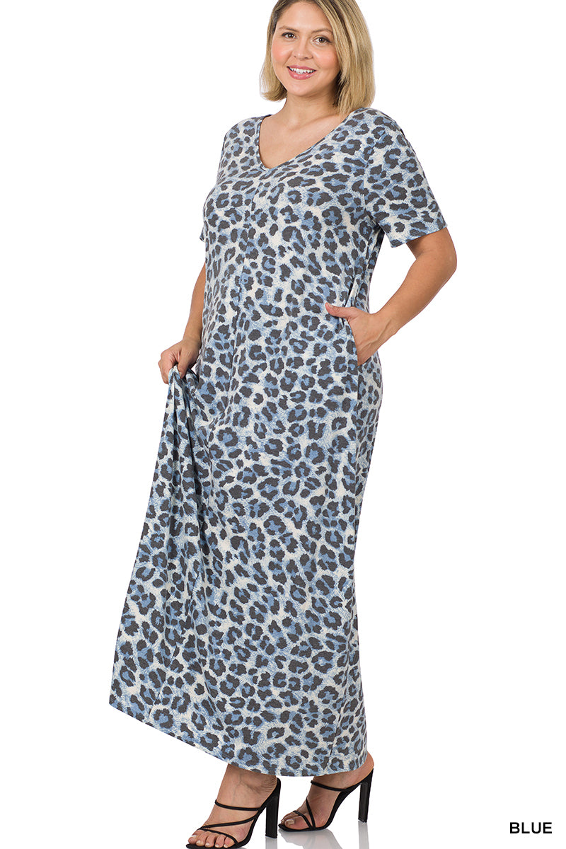 PLUS LEOPARD V-NECK SHORT SLEEVE MAXI DRESS Blue