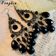 Load image into Gallery viewer, Vintage Big Black Water Drop Chandelier Earrings Gold Black
